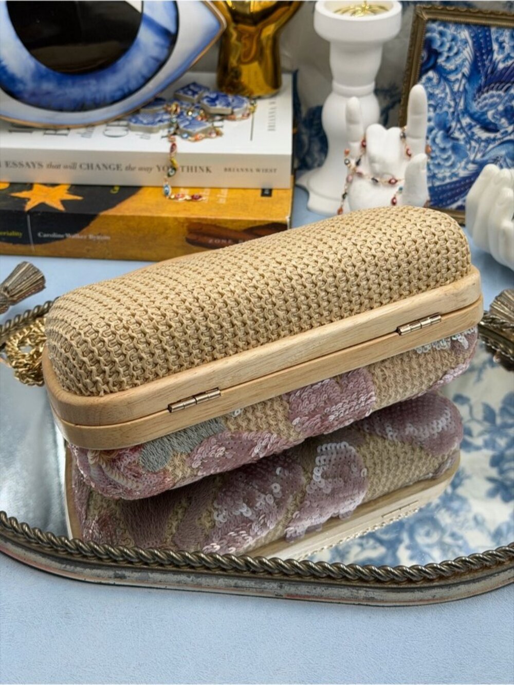 🆕 HAUTE HIPPIE 🧿 NWOT Floral Sequin & Crochet Wooden Clutch w Chain, Pink - Picture 10 of 16